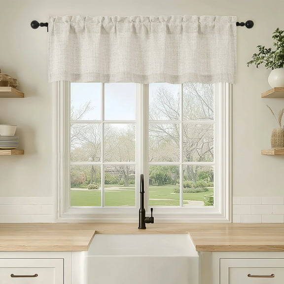 OVZME Judy Natural Kitchen Valance, Light Filtering Textured Faux Linen Short Curtain with Rod Pocket for Bathroom & Basement,1 Panel,60Wx14L inches