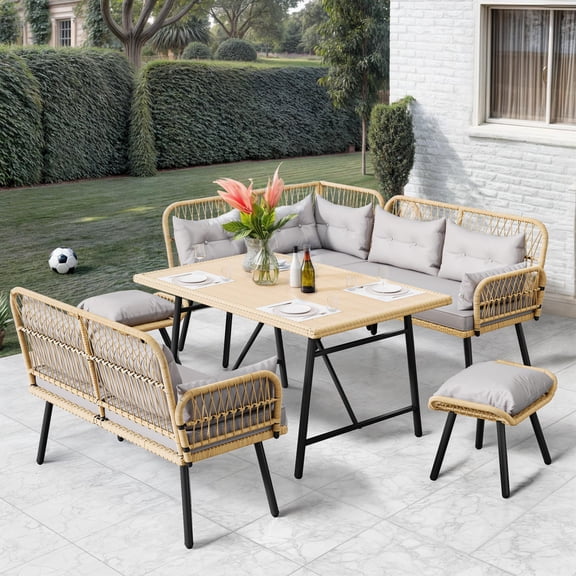 DEXTRUS Adult 6 Piece Steel Outdoor Dining Sets with L-Shaped Sectional and Dining Table, Light Brown and Gray