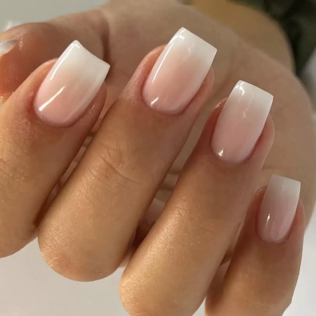 Uñas postizas cuadradas de prensa corta, uñas postizas de color rosa ombre con diseño brillante, pegamento en las uñas, linda cubierta completa, uñas acrílicas de color sólido para mujeres, decoración