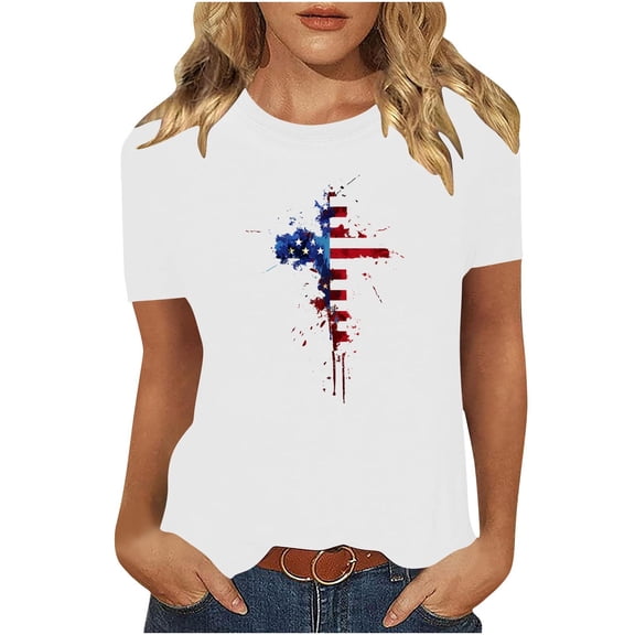 Levmjia Women's 4th of July Cross American Flag T-Shirt Patriotic Christian USA Summer Crewneck Short Sleeve Graphic Tee