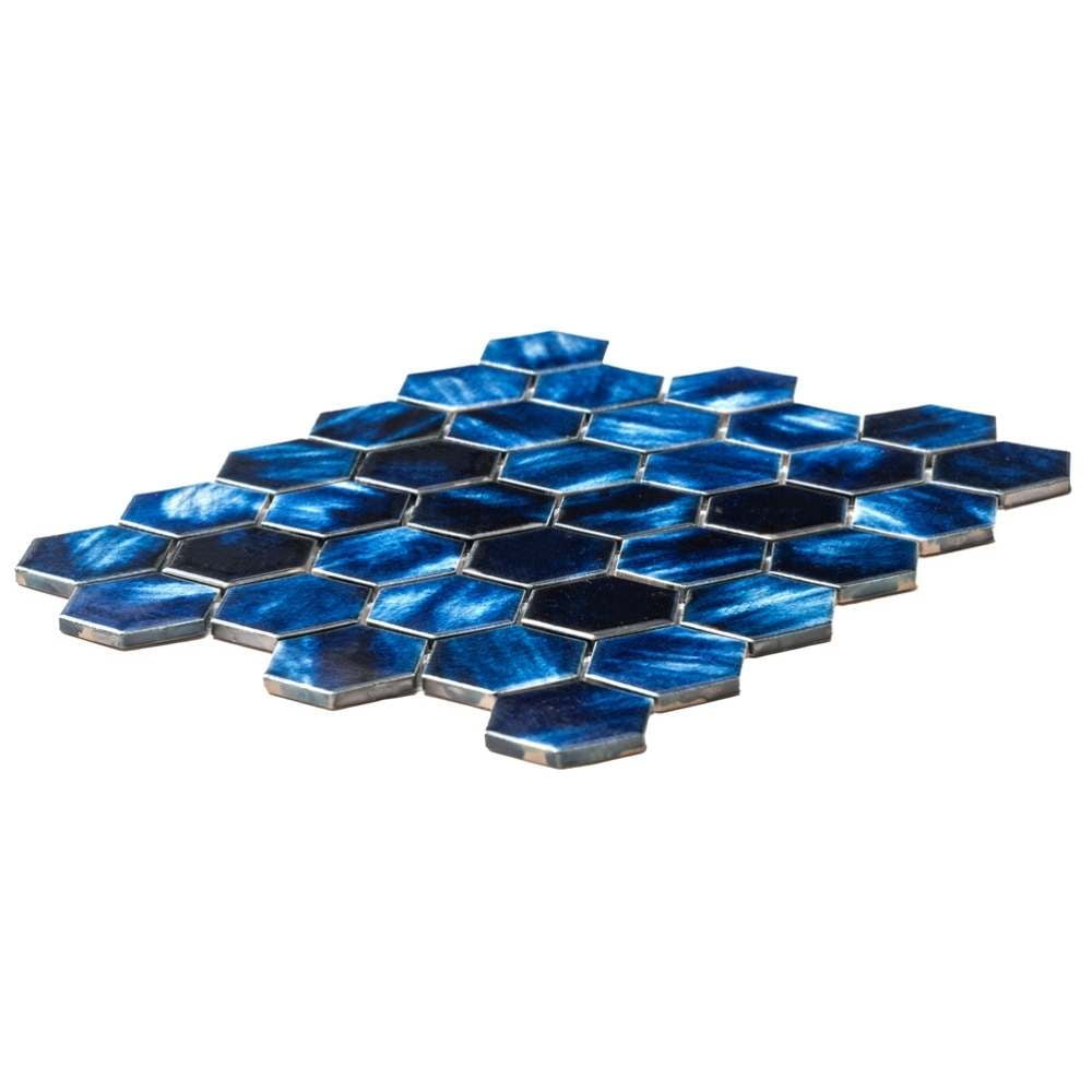 The Tile Life Agate 4 in x 4 in Hexagon Sapphire Glossy Porcelain Mosaic Tile Sample 1 Piece