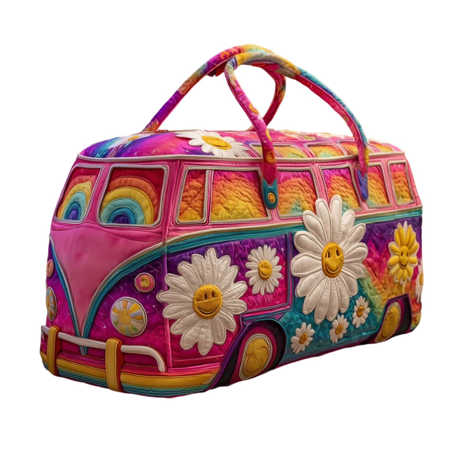Quilted Hippie Van Duffle Bag with Adjustable Strap, Medium 18-inch Bohemian Weekender Bag for Travel, Durable Polyester Quilted Carryall for Gym Yoga Dance,U