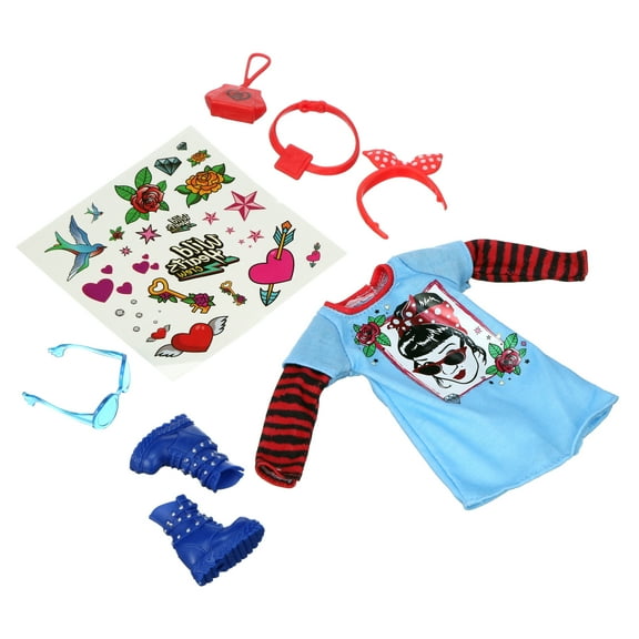 Wild Hearts Crew, Retro Hero! Themed Fashion Doll Accessory Pack (8-Piece) with Temporary Tattoo Sheet, Includes Vintage Dress T-Shirt, Boots, Coin Purse, and More