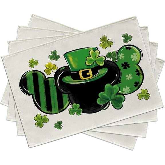 St. Patricks Day Placemats Set of 4, Shamrock Clover Top Hat Stripes Dining Table Place Mats, Irish Spring Kitchen Decor Home Decoration 12 x 18 Inch