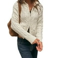 thumbnail image 3 of Women Trendy Collared Long Sleeve Zipper Front Cable Knit Cardigan Sweater Fall Oversized Coat White XL, 3 of 6