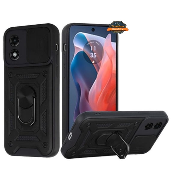 For Motorola Moto G Stylus 5G 2024 Built in Sliding Camera Lens Protection & Finger Ring Stand Holder Hybrid TPU PC Shockproof Phone Case Cover by Xpression - Black
