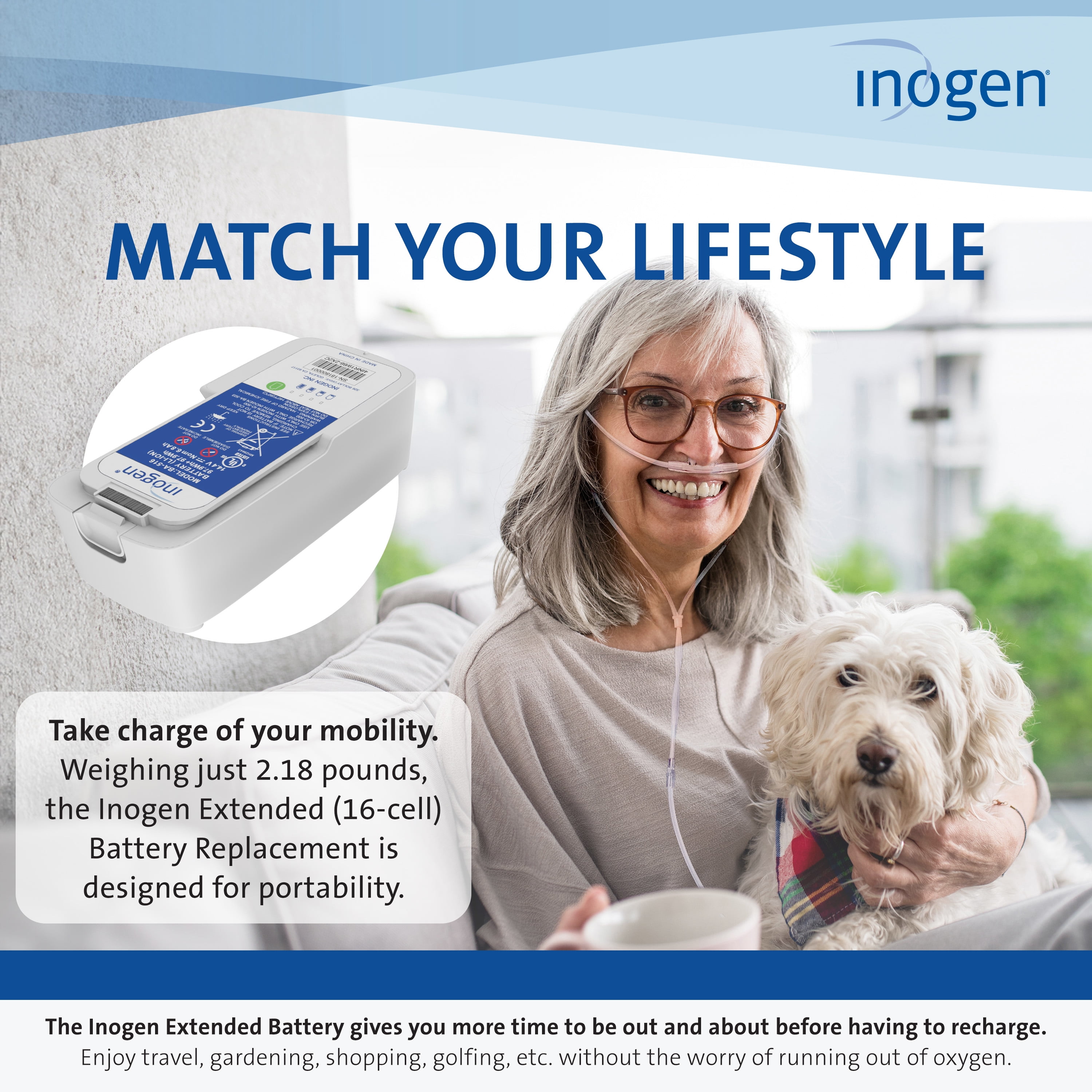 Inogen Extended (16-cell) Battery - for the Inogen One G5/Inogen Rove 6 - Up to 12 hours, 45 minutes of battery life on setting 1- 2.18 lbs.