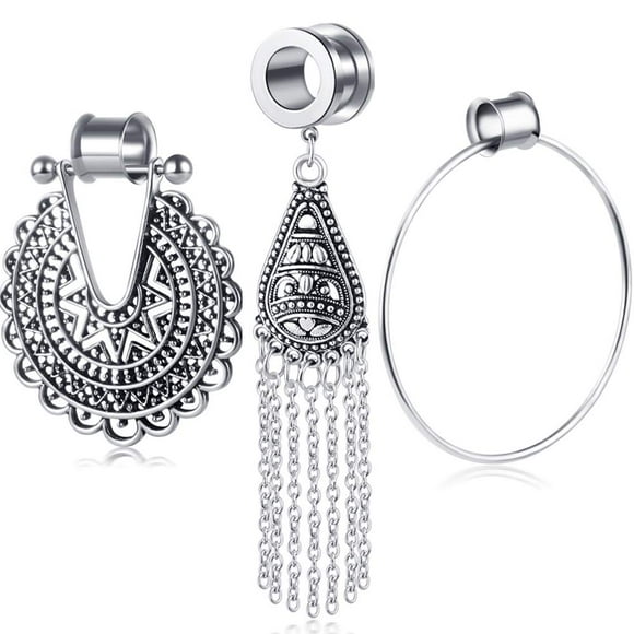 TIANCI FBYJS 3 Pairs Dangle Gauges Ear Tunnels For Women Stainless Steel Pendant Earrings Gauges Expander Stretcher Piercing Plugs 0g (8mm=0g)