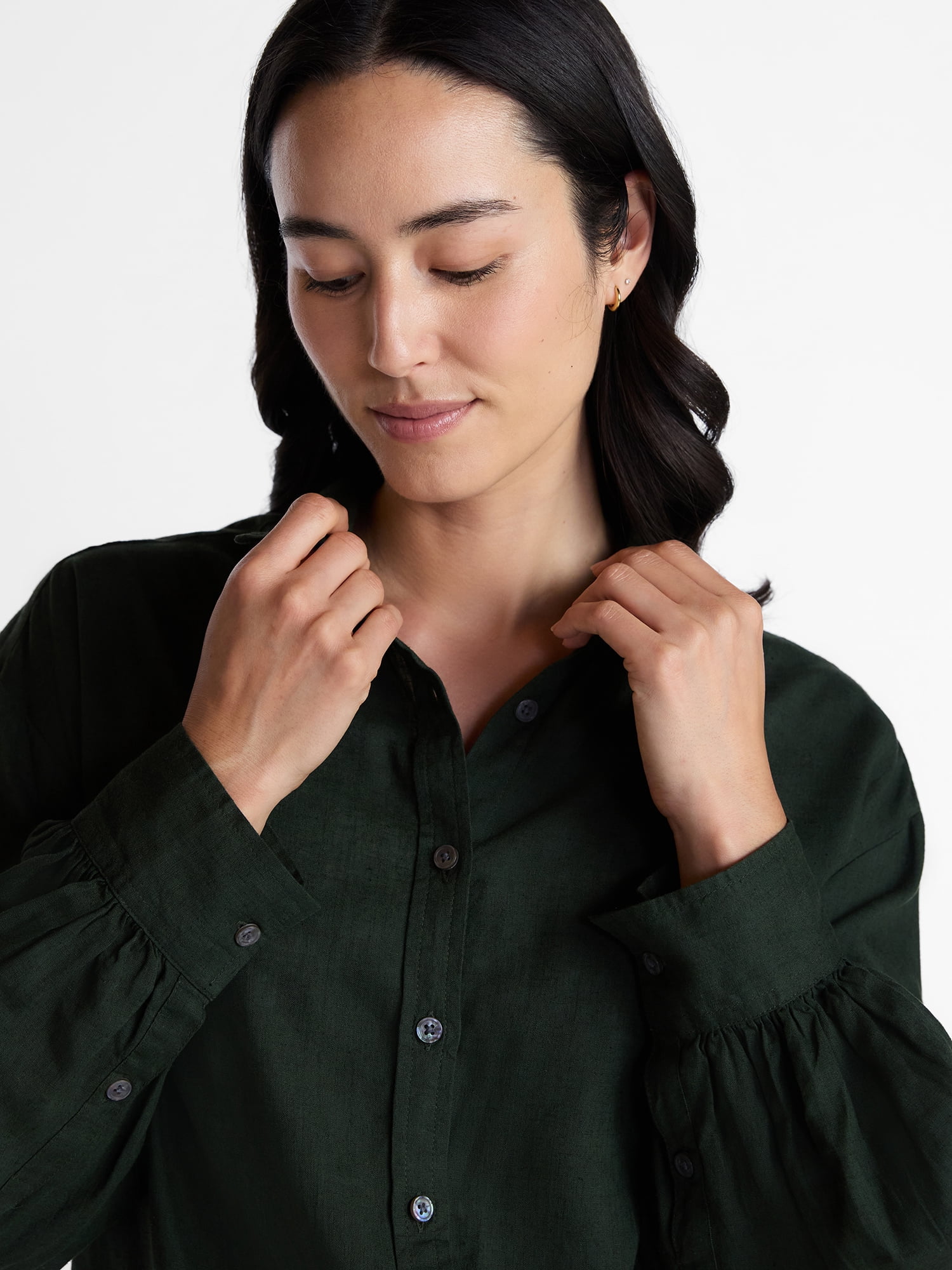Time and Tru Women's Linen Blend Button Front Cropped Top with Long Sleeves, Sizes XS-XXXL