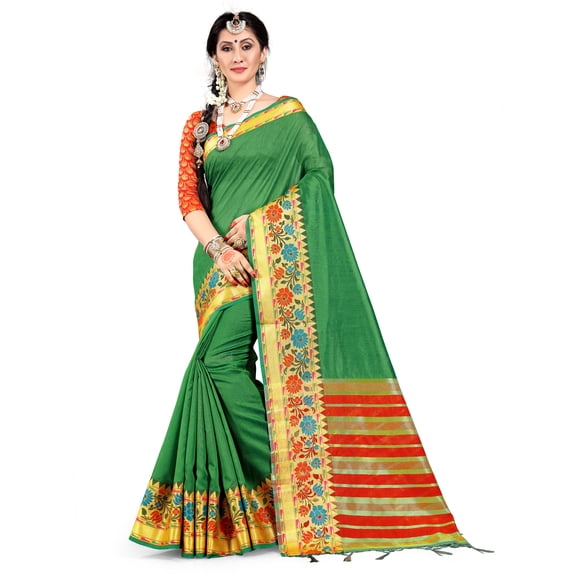 Sarees for Women Cotton Silk Woven Saree l Indian Wedding Gift Sari with Unstitched Blouse