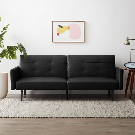 Mayview Sofa Bed with Buttonless Tufting and Removable Arms  Black Faux Leather
