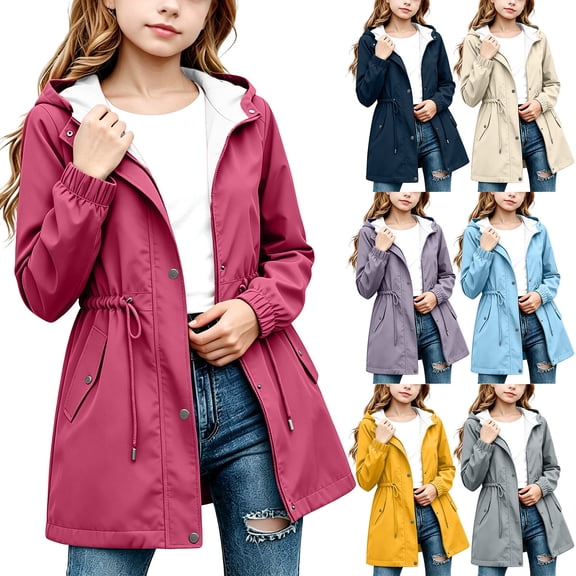 ZBSOKO Girl Rain Jackets Waterproof Hooded Windbreaker Cinched Waist Full Zip Outdoor Raincoats with Pockets for Hiking Sizes 5-16 Years