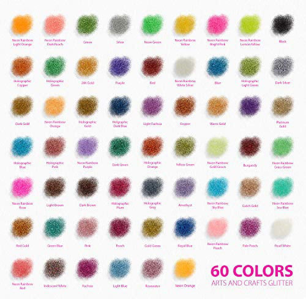 Extra Fine Glitter Set of 60 Vibrant Colors | Color Powder in Leak-Proof Shaker Jars (0.32oz/9g) | Arts & Crafts Glitter Kit Glows Under UV Light | Use for Projects, Slime, Nails, Body, Face & More