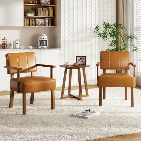 Set of 2 Mid Century Modern Accent Chairs, Retro Brown Faux Leather Armchairs with Vertical Tufted Back, Upholstered Lounge Chair Set with Wood Frame for Living Room & Bedroom
