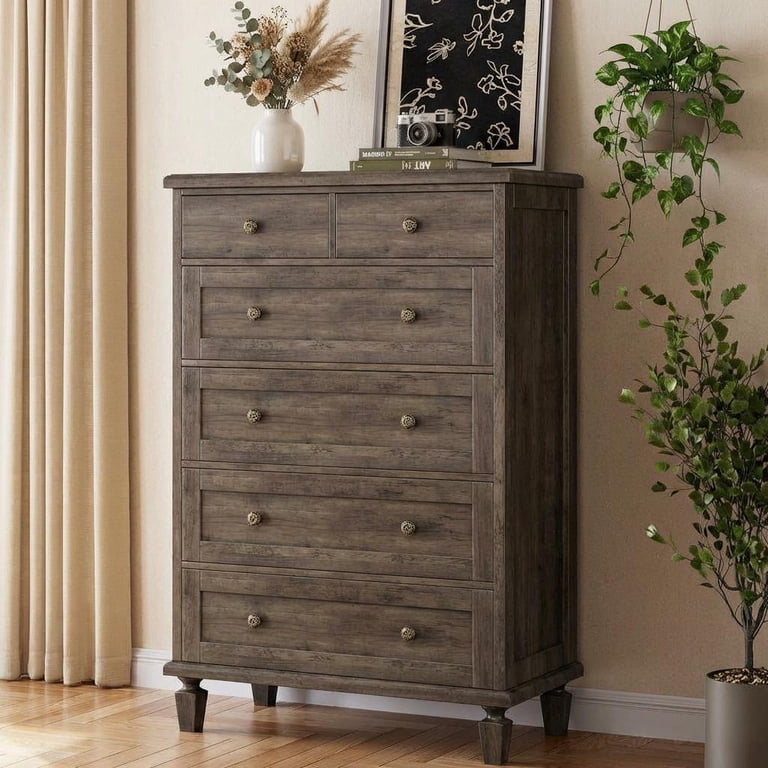 PYY Vintage 6 Drawer Tall Dresser - Wooden Chest, Carved Handles & Tapered Legs - Large Bedroom, Living Room, Home Office, Entryway Storage