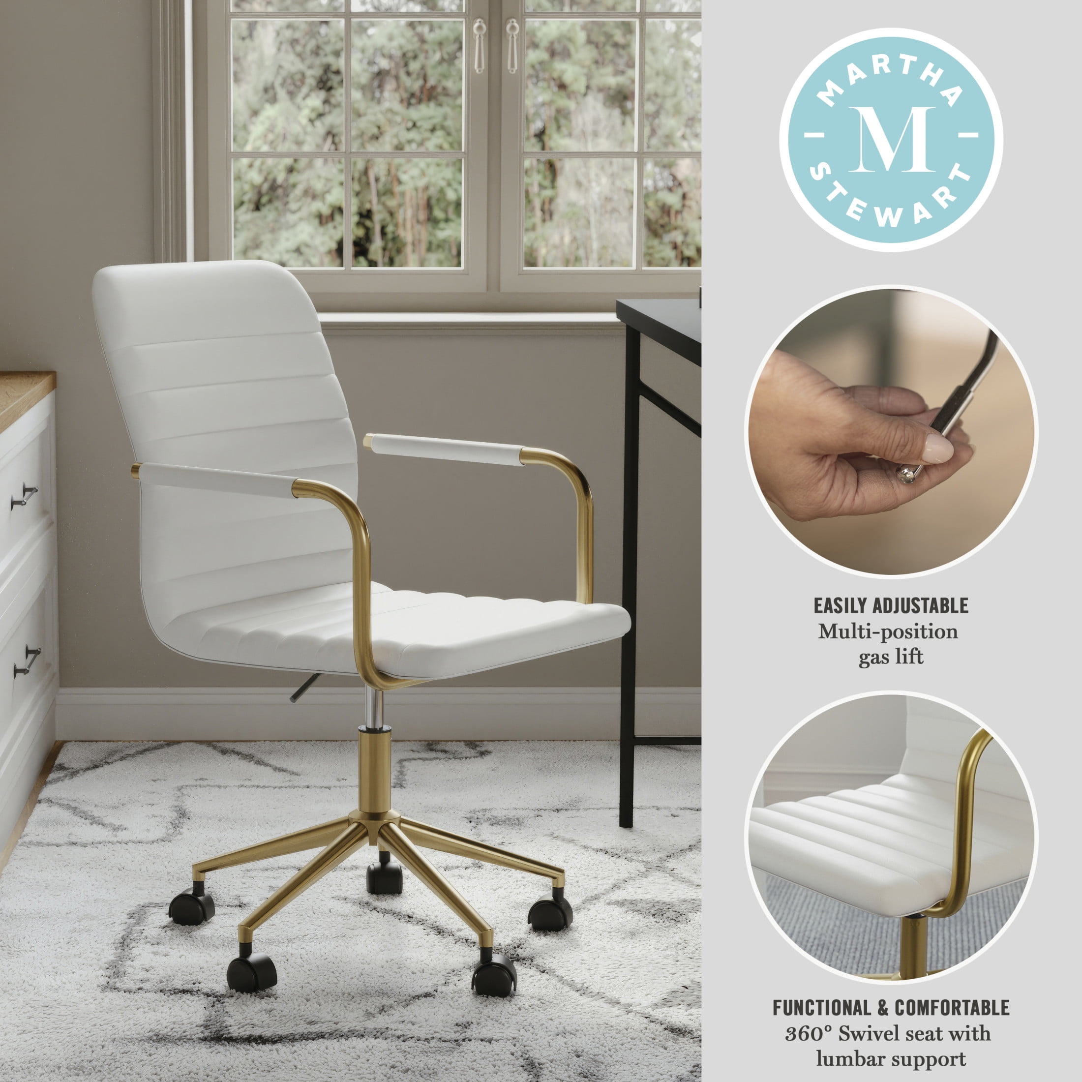 Martha Stewart Taytum Upholstered Office Chair in White/Polished Brass