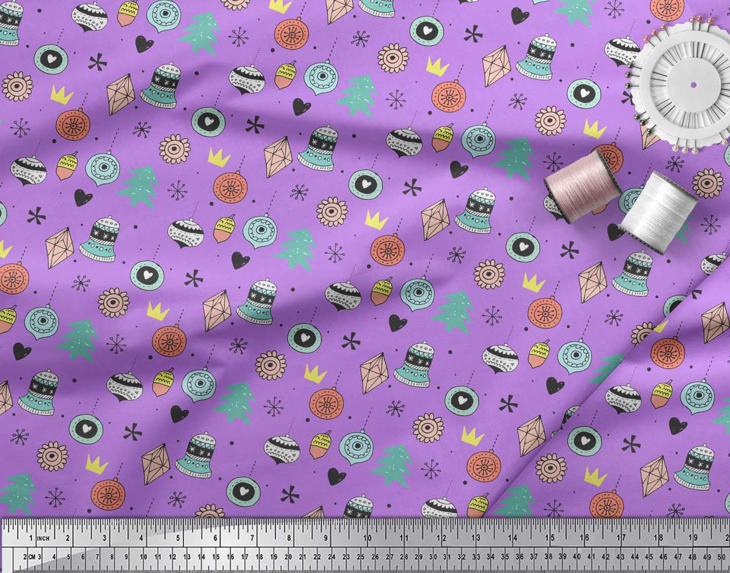 Soimoi Purple Poly Georgette Fabric Tree & Ornament Christmas Print Sewing Fabric Yard 42 Inch Wide