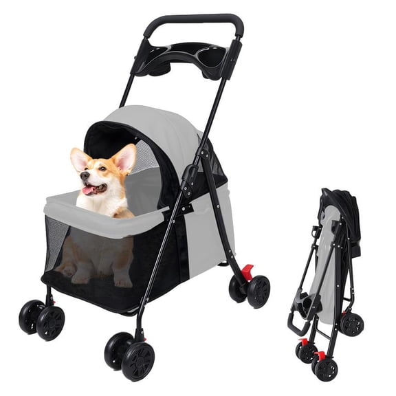 Foldable Pet Stroller with 360° Swivel Wheels & Rear Brakes, Breathable Mesh Top, Cup Holder & Storage Basket for Small/Medium Dogs & Cats(Grey)
