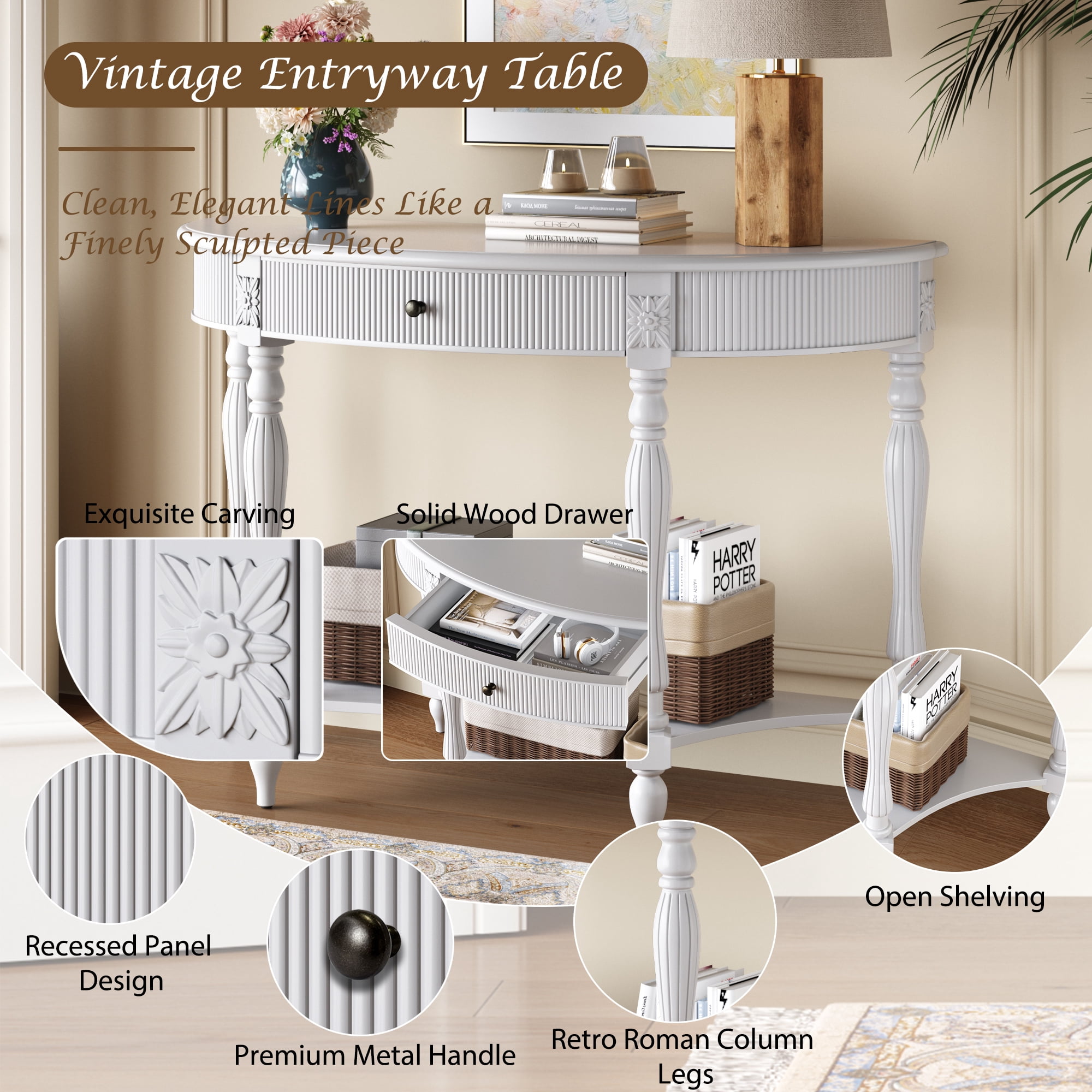 Solid Wood Half Moon Console Table with Drawer & Shelf, Fluted Vintage Curved Entryway Table for Hallway Living Room Foyer, Narrow Space Sofa Table with Roman Column Carved Legs, White