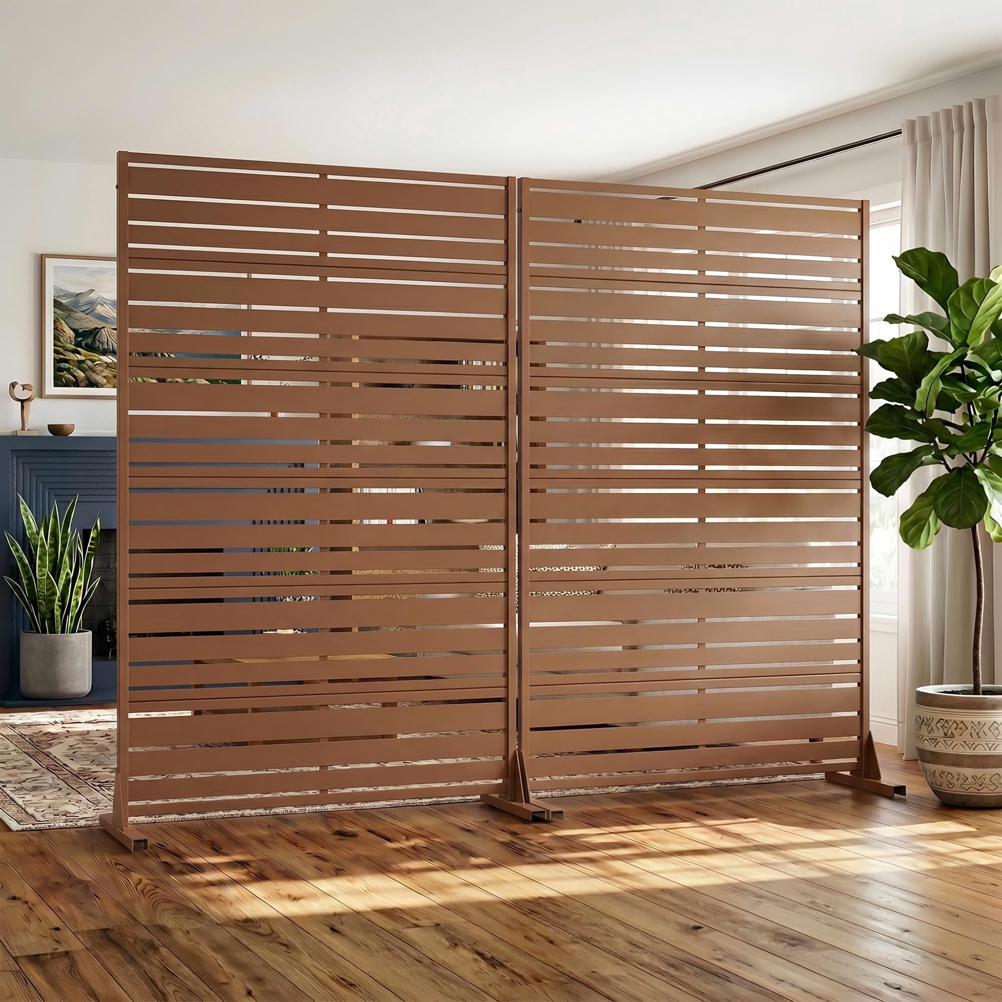 MAYEERTY 2-Piece 72"x47" Privacy Screen, Brown 6-Panel Galvanized Steel Louvered Fence, Wide-1 Narrow-2, Freestanding for Patio Backyard