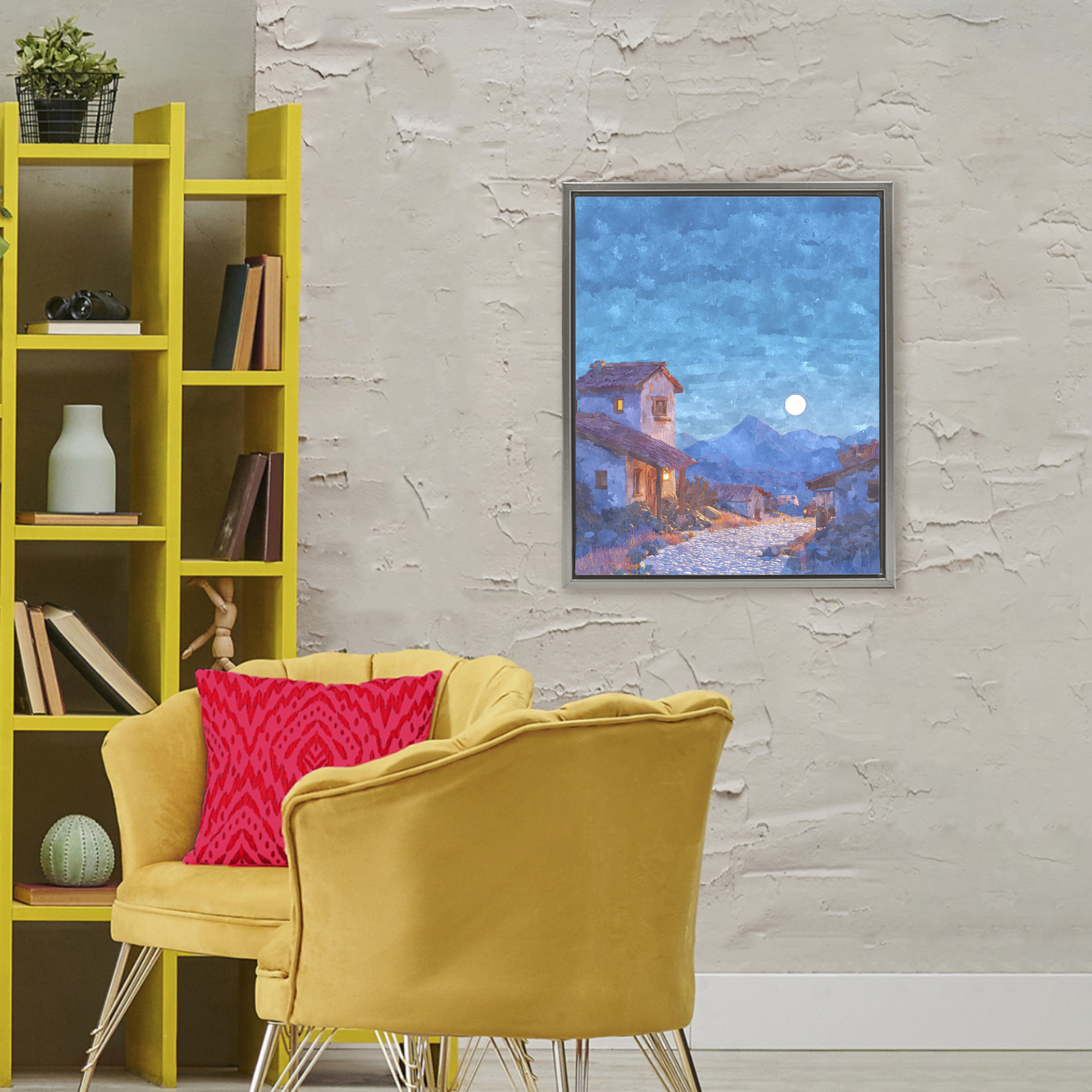Moon over Quiet Town Gray Framed Floater Canvas Wall Art, design by Ziwei Li
