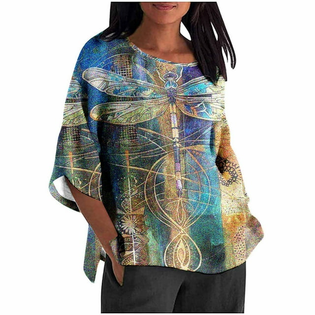 Mujeres 3/4 Manga Tops Y Blusas de Impresión Suelta Camisa Cortada, Casual Cuello Redondo Blusa para la Primavera Y el Verano