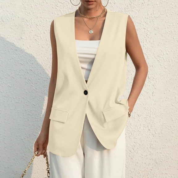 Ladies Summer Casual Sleeveless V-Neck Single Breasted Solid Blazer Vest Khaki L