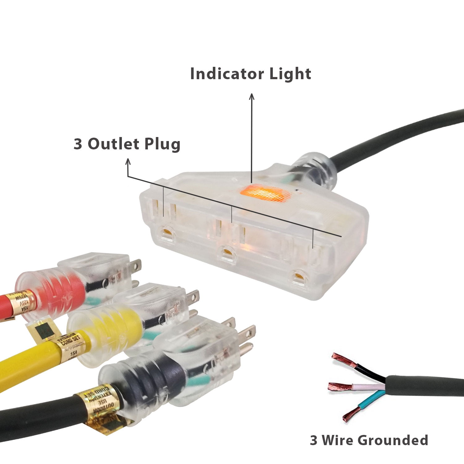 Royal Designs, Inc. Heavy Duty Extension Cord with Indicator light for Indoor & Outdoor, 25 ft long, Black, 3 Outlet Prong Grounded Wire UL Listed