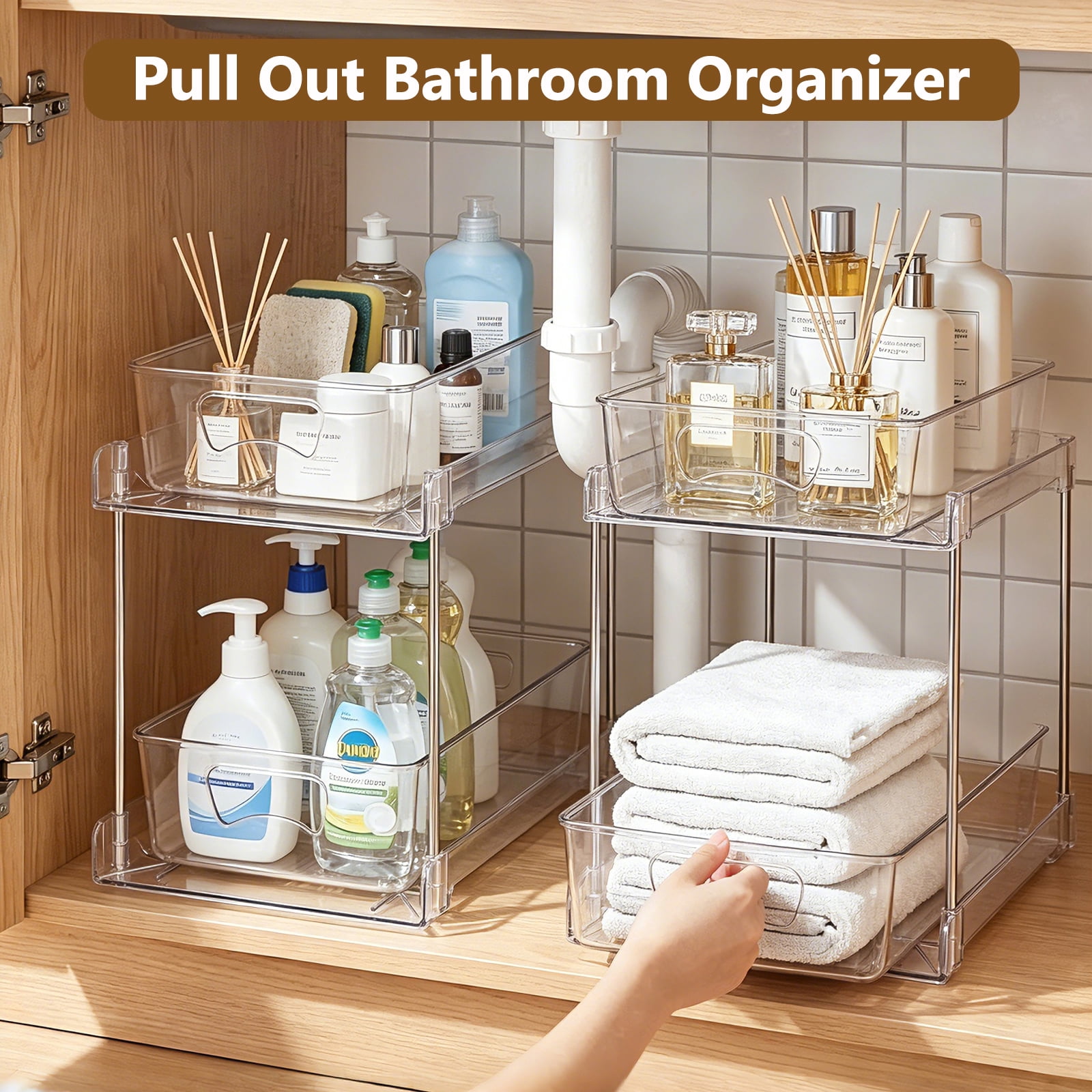 Kisportee 2 Pack Under Sink Organizer, 2 Tier Pull-Out Bathroom Organizers and Storage,  Kitchen Cabinet Organizer for Pantry, Kitchen