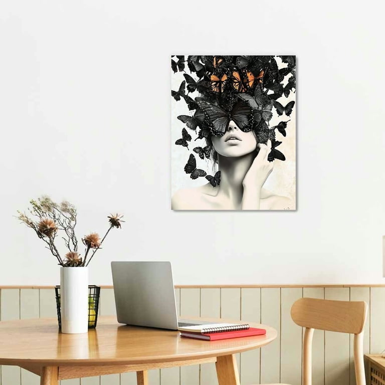 Zlove Large Black Girl Wall Art - 24x36 Inch Canvas, Colorful Butterfly Portrait, Ready To Hang, Framed Decor