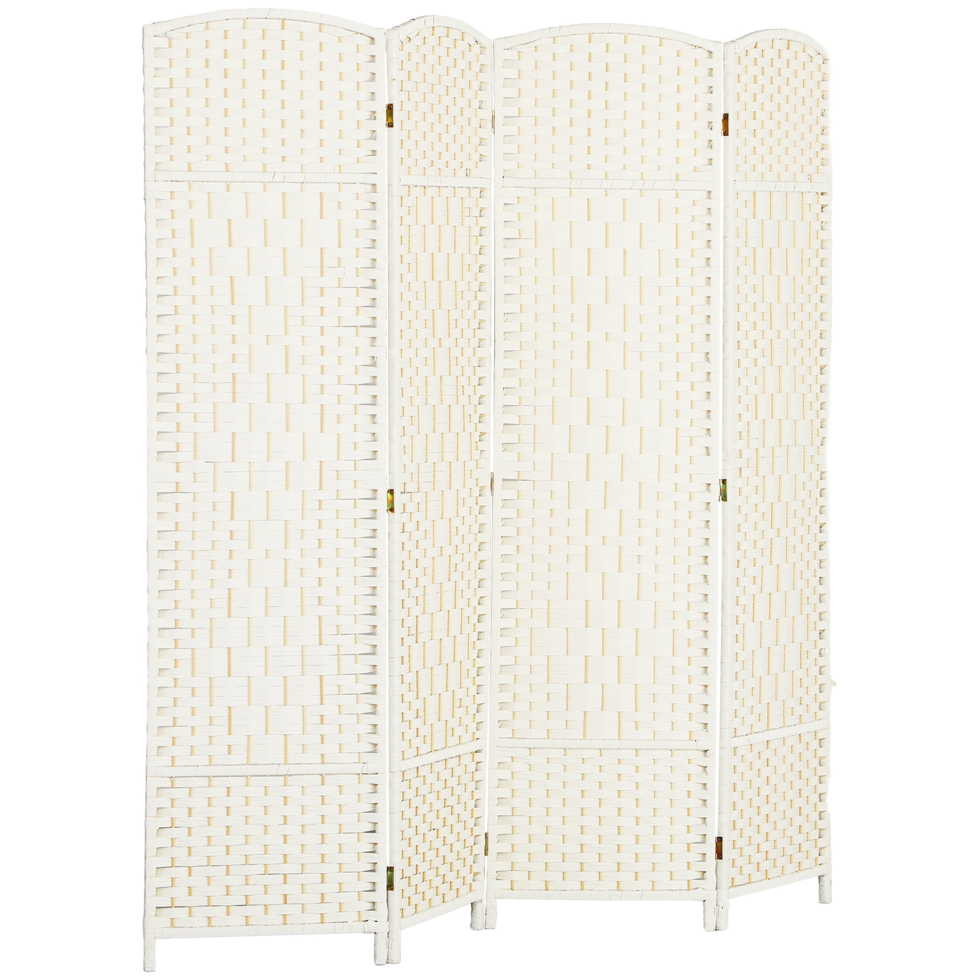 HOMCOM 4 Panel Room Divider, 6' Tall Folding Privacy Screen, Hand-Woven Freestanding Wood Partition for Home Office, Bedroom, White