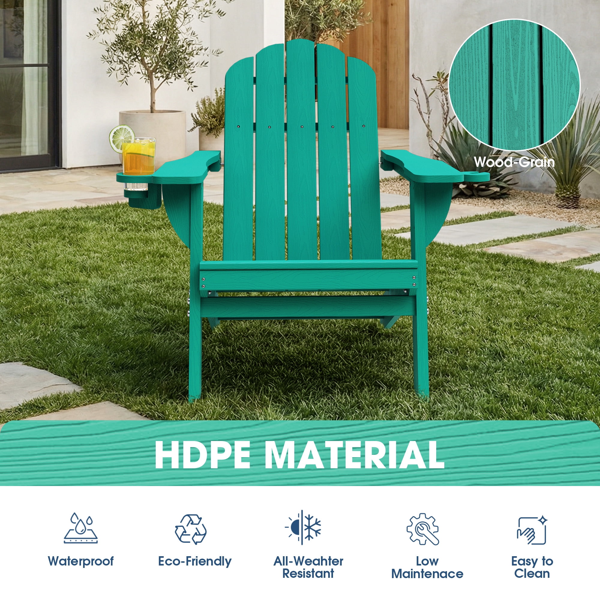 Folding Adirondack Chair, All-Weather HDPE Plastic Patio Fire Pit Chair, Aqua