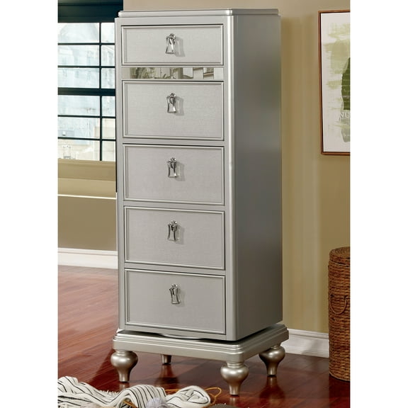 Furniture of America Starnom Transitional 5-Drawer Swivel Chest, Silver