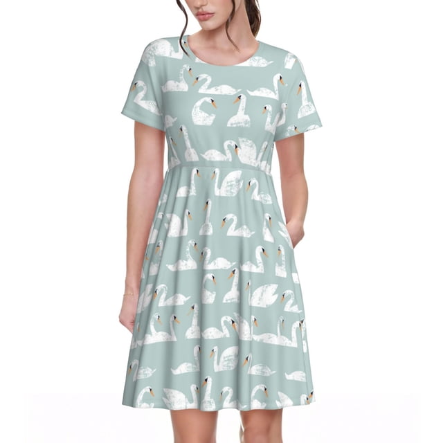 Balery White Swan Vestidos sueltos de manga corta para mujer, vestidos de verano 2025, vestidos casuales de corte A con vuelo.