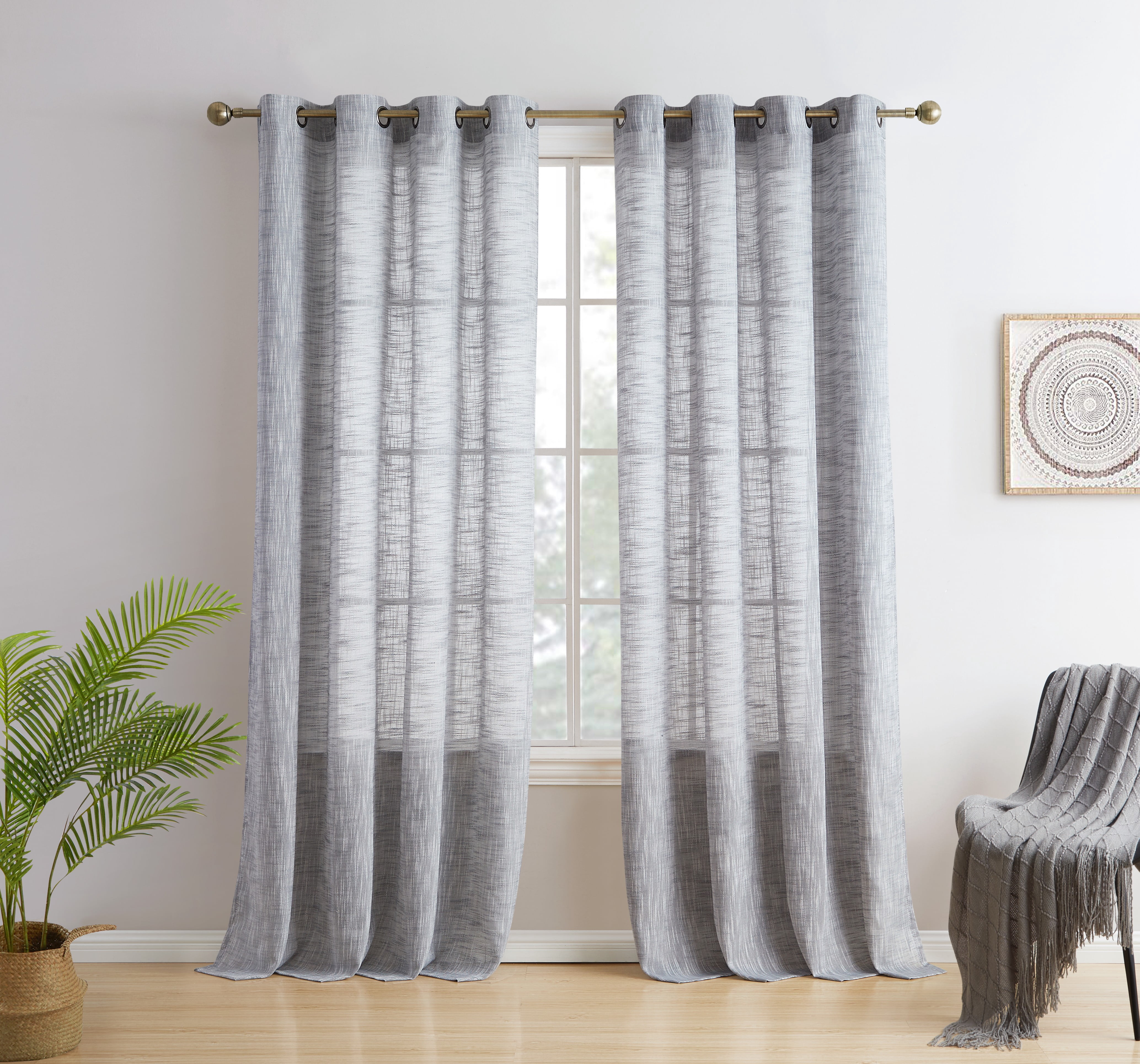 THD Harley Faux Linen Textured Semi Sheer Sun Light Filtering Window Grommet Curtain Panels, Set of 2 Panels