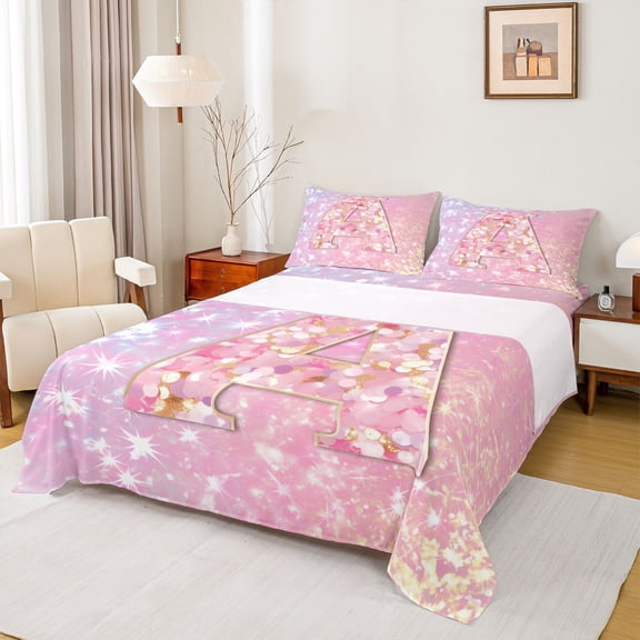 Feelyou Chic Pink Monogrammed A Full Size Sheets, Glitter Mermaid Scale Bed Sheets, Dreamy Princess Cartoon Sheet Sets, Breathable Home Decor, 4pcs