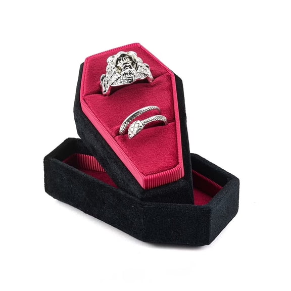 TAIMY Gothic Style Ring Box For Women And Men， Velvet 2 Slots Ring Case，Coffin Shape Ring Box Holder（Black-Red）