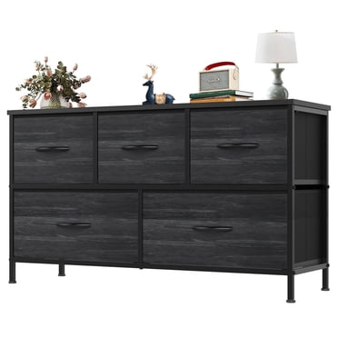 edx 5 Drawers Fabric Dresser for Bedroom, Storage Organizer, Wide Chest of Drawers for Closet, Clothes, TV Stand, Wood Board, WoodBlack