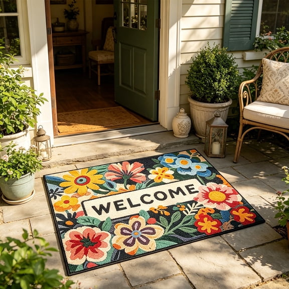 Floral Welcome Door Mat - Vibrant Flower Garden Design with "WELCOME" Text, Durable Coir Entryway Rug for Front Door, Porch, or Outdoor Entry 20x31in