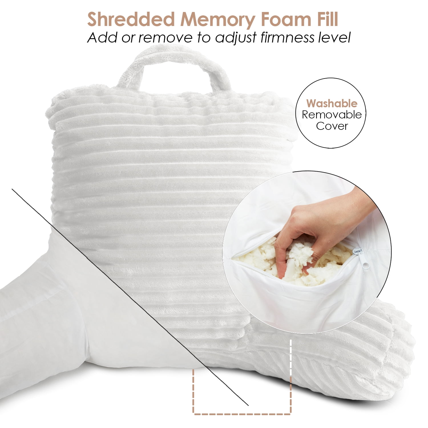 Clara Clark Cut Plush Striped Reading Pillow for Kids & Teens, Small Back Pillow, Back Support Pillow, Shredded Memory Foam Bed Rest Pillow with Arms, White