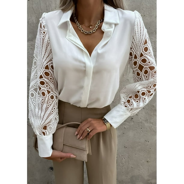 Blusa elegante de mujer, cuello alto, top, blusa camisera, blusa túnica de encaje