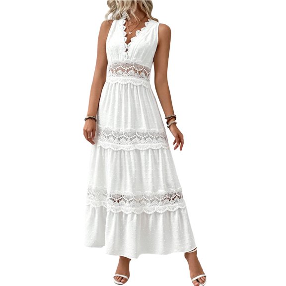 Levmjia Women's Sleeveless V Neck Maxi Dress Lace Trim Tiered Boho Dress Casual Summer Beach Dress with Eyelet Detail