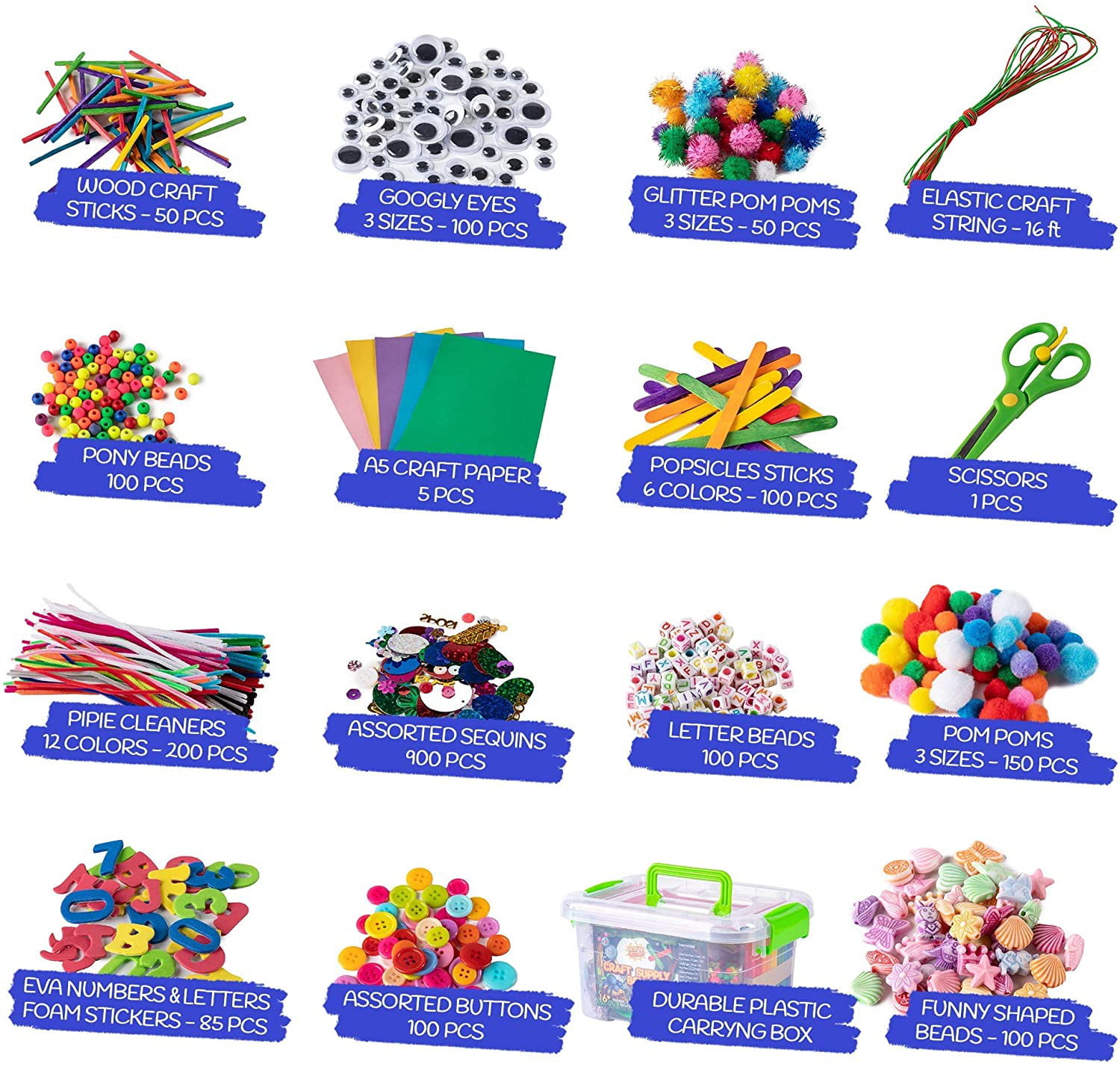 Jumbo Arts & Crafts Kit Suitcase - 2,100+ Pieces Pompoms, Craft Sticks,  Pipe Cleaners, Scissors, & More in Large Craft Box - Art Supplies Set for