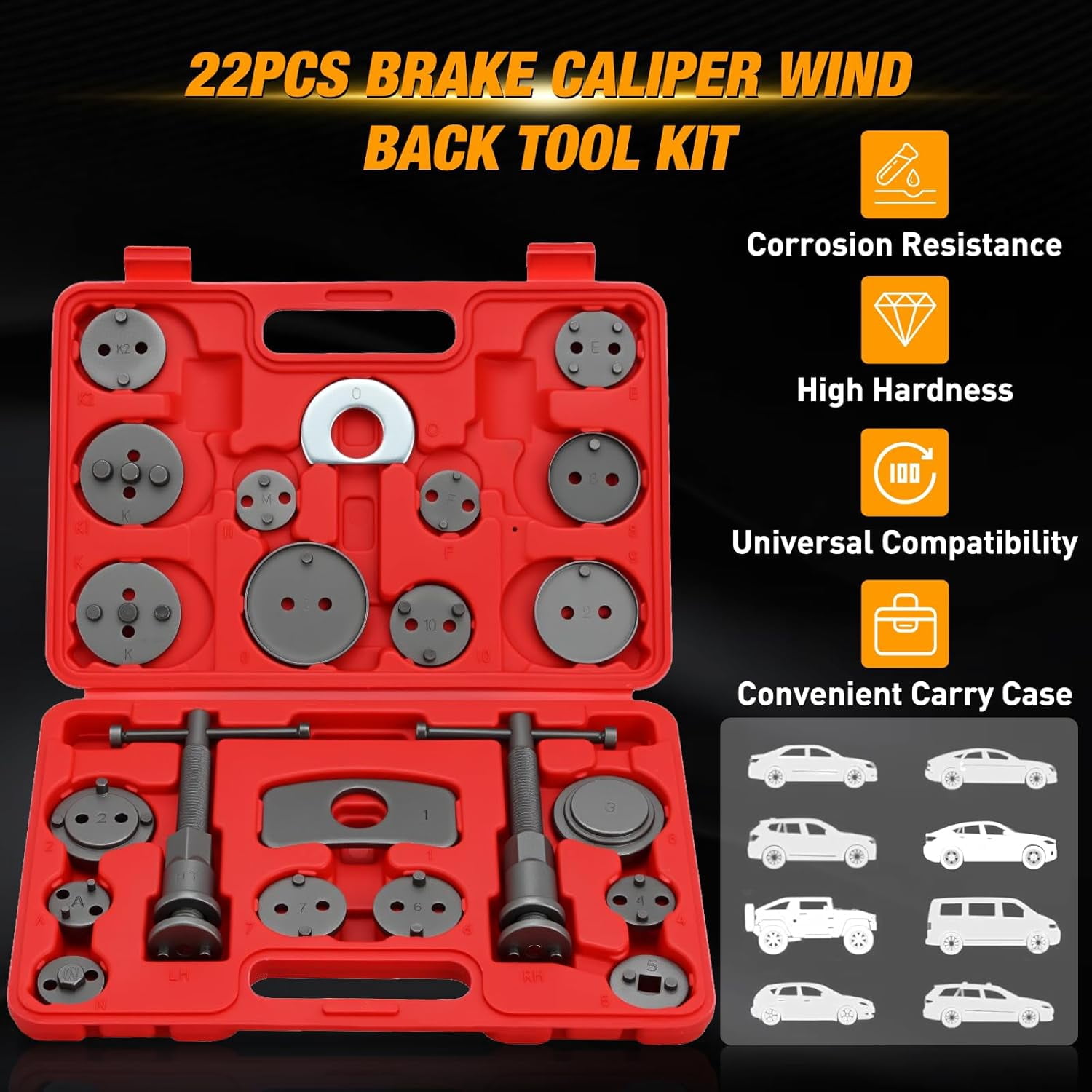 GOOACC 22pcs Disc Brake Caliper Compression Tool Set, Caliper Piston Compressor Tool for Brake Pad Replacement Reset Heavy Duty Brake Tools Brake Caliper Piston Rewind Tool Caliper Press Tool Kit,Red