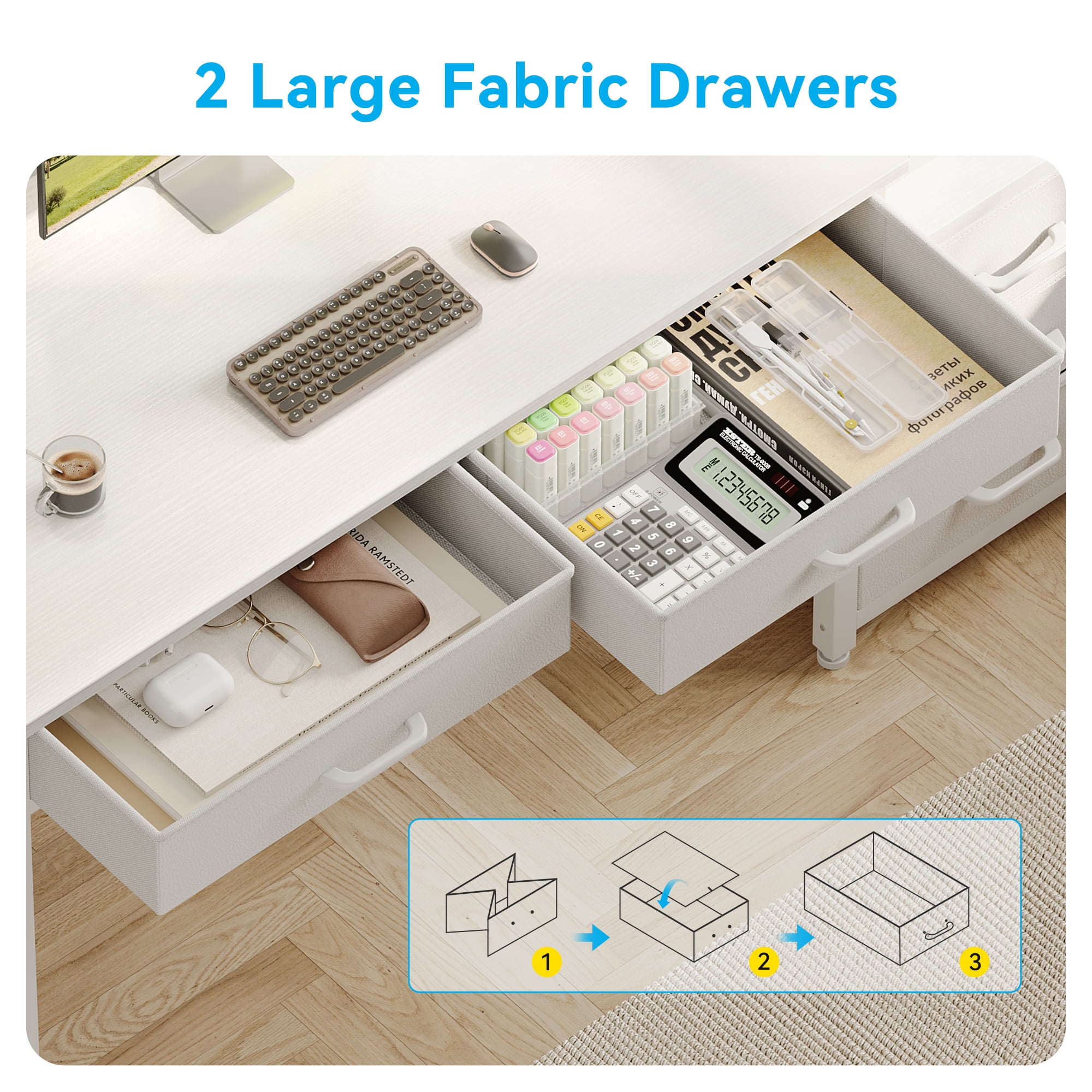 Casacomoda White Computer Desk with 5 Drawers & Printer Stand, Reversible Storage Desk for Home Office, 53 Inch Writing Desk with Headphone Hook, White