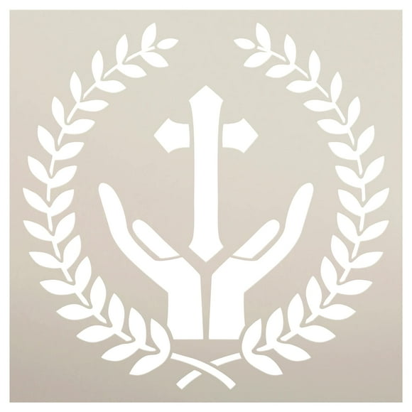 Divine Touch Cross Stencil with Laurel Wreaths - Christian Wall Art Craft for DIY Faith Theme - Enhance Kitchen Decor, Paint on Canvas or Wood Signs - Available in 12 x 12 inches