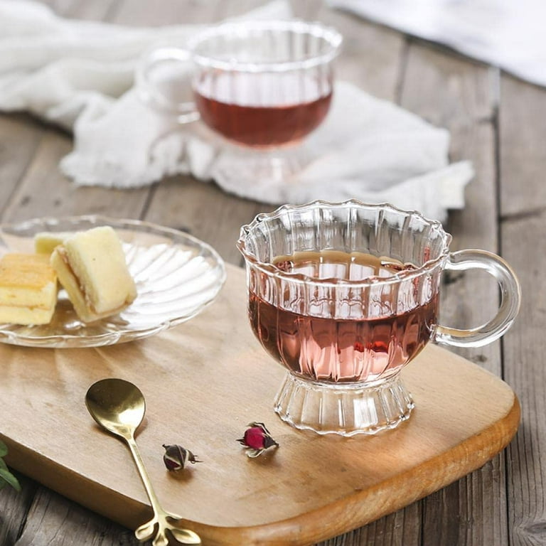 DanceeMangoo Clear Glass Cup & Saucer Set, 6 Oz Scented Tea Cup Coffee Mug,  Pumpkin Stripes