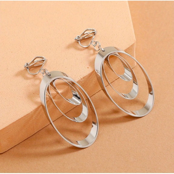 Clip on 2 1/2" silver layered oval hoop dangle earrings