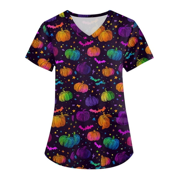 Homozy Halloween Pumpkin Womens Scrub Tops Short Sleeve Nurse Tops with Pockets Loose Fit Nurse Scrub Top Dark Purple L