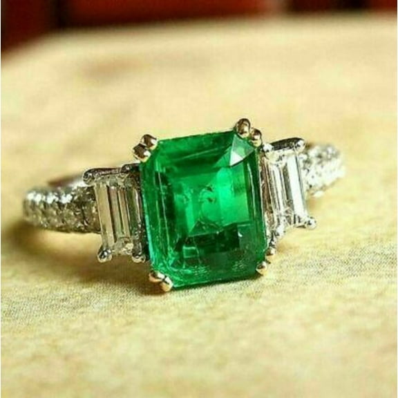 3.50Ct Emerald Cut Lab Created Green Emerald Women's Engagement Ring 14K White Gold Plated